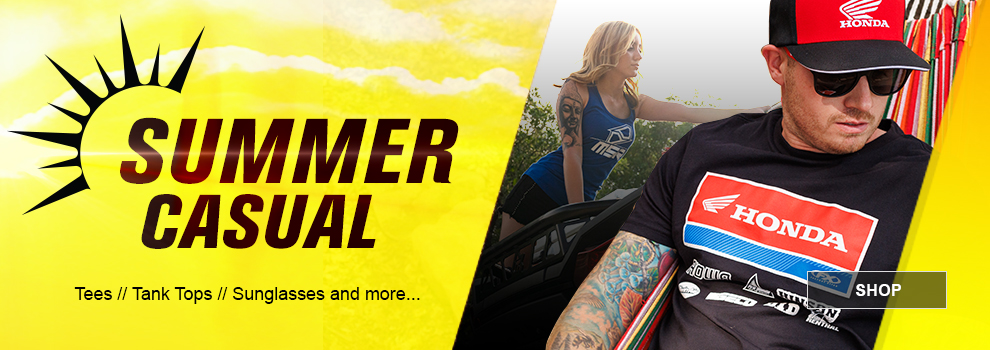 Summer Casual, Tees, Tank Tops, Sunglasses, and more, a man wearing Factory Effex Honda apparel, lounging in a hammock with a woman in the background wearing a blue MSR tank top, link, shop