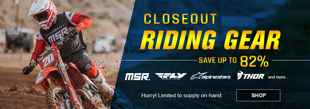 Closeout Riding Gear, Save up to 82 percent, MSR, Fly Racing, Alpinestars, Thor, and more, Hurry! Limited to stock on hand, someone wearing the red MSR proto gear and riding a Honda dirt bike at a motocross track, link, shop