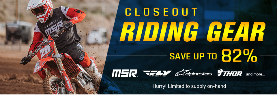 Closeout Riding Gear, Save up to 82 percent, someone wearing the red 2024 MSR Proto Range gear and riding a Honda dirt bike