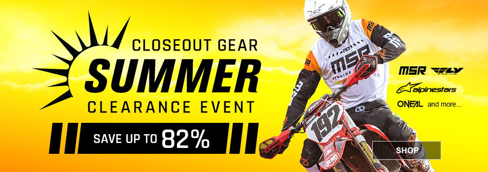Closeout Gear Summer Clearance Event, Save up to 82 percent, a dirt bike rider wearing the black/orange MSR Axxis Range gear, MSR, Fly Racing, Alpinestars, O'Neal, and more, link, shop
