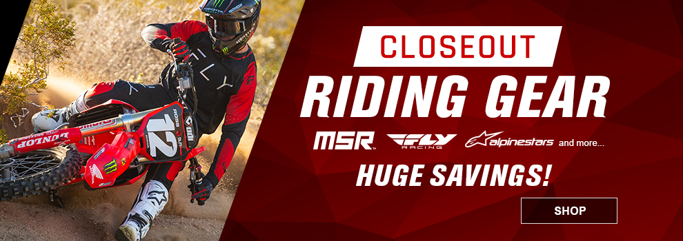 Closeout Riding Gear, MSR, Fly Racing, Alpinestars, and more, Huge Savings,  someone riding a Honda dirt bike and is wearing some red and black Fly gear, link, shop