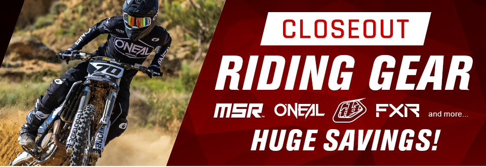 Closeout Riding Gear, MSR, O'Neal, Troy Lee Designs, FXR, and more, Huge Savings, someone riding a dirt bike and is wearing black O'Neal Gear