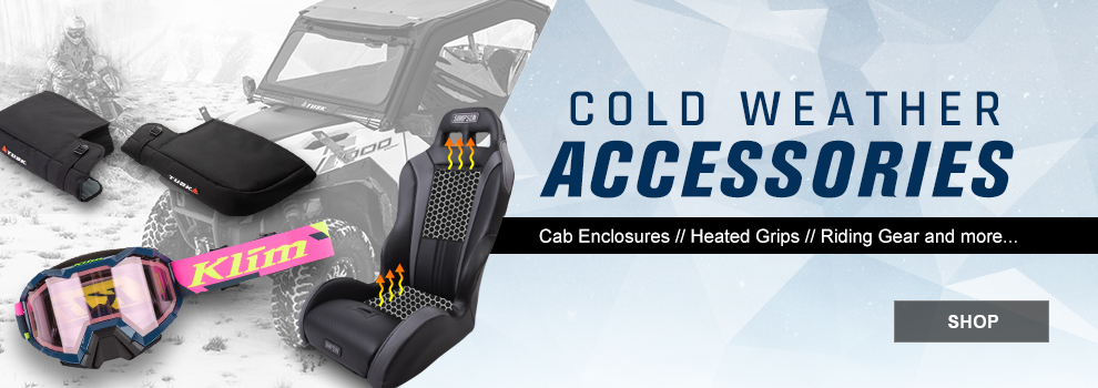 Cold Weather Accessories, Cab enclosures, heated grips, riding gear and more, an illustration of a seat heater in a UTV seat with a pair of Klim snow goggles and the Tusk Cold Pro Hand Mitts, a Polaris General with its cab enclosed and an adventure bike in the background, link, shop