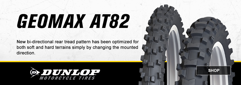 Dunlop Motorcycle Tires, GEOMAX AT82, New bi-directional rear tread pattern has been optimized for both soft and hard terrains simply by changing the mounted direction, both front and rear tires, link, shop