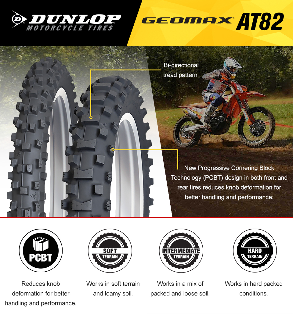 Dunlop Motorcycle Tires, GEOMAX AT82, Bi-directional tread pattern, New progressive cornering block technology, PCBT, design in both front and rear tires reduces knob deformation for better handling and performance, the front and rear tire, PCBT Icon, reduces knob deformation for better handling and performance, Soft Terrain Icon, works in soft terrain and loamy soil, Intermediat Terrain Icon, Works in a mix of packed and loost soil, Hard Terrain Icon, Works in hard packed conditions