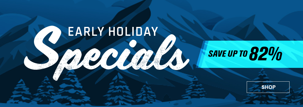 Early Holiday Specials, Save up to 82 percent, a snowy mountain scene, link, shop