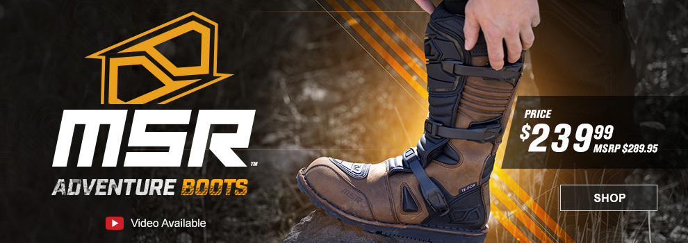 MSR Adventure Boots, Video available, Price $239 and 99 cents, MSRP $289 and 95 cents, a person with their foot up on a boulder and they are buckling up the boot, link shop