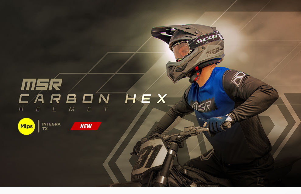 
				
				MSR Carbon Hex Helmet, MIPS Integra TX logo, New, A Dirt Bike Rider decked out in MSR Gear wearing the Carbon Hex Helmet with diamond like textures overlaying the background colored in a light gray/tan color.
				
				
				
				