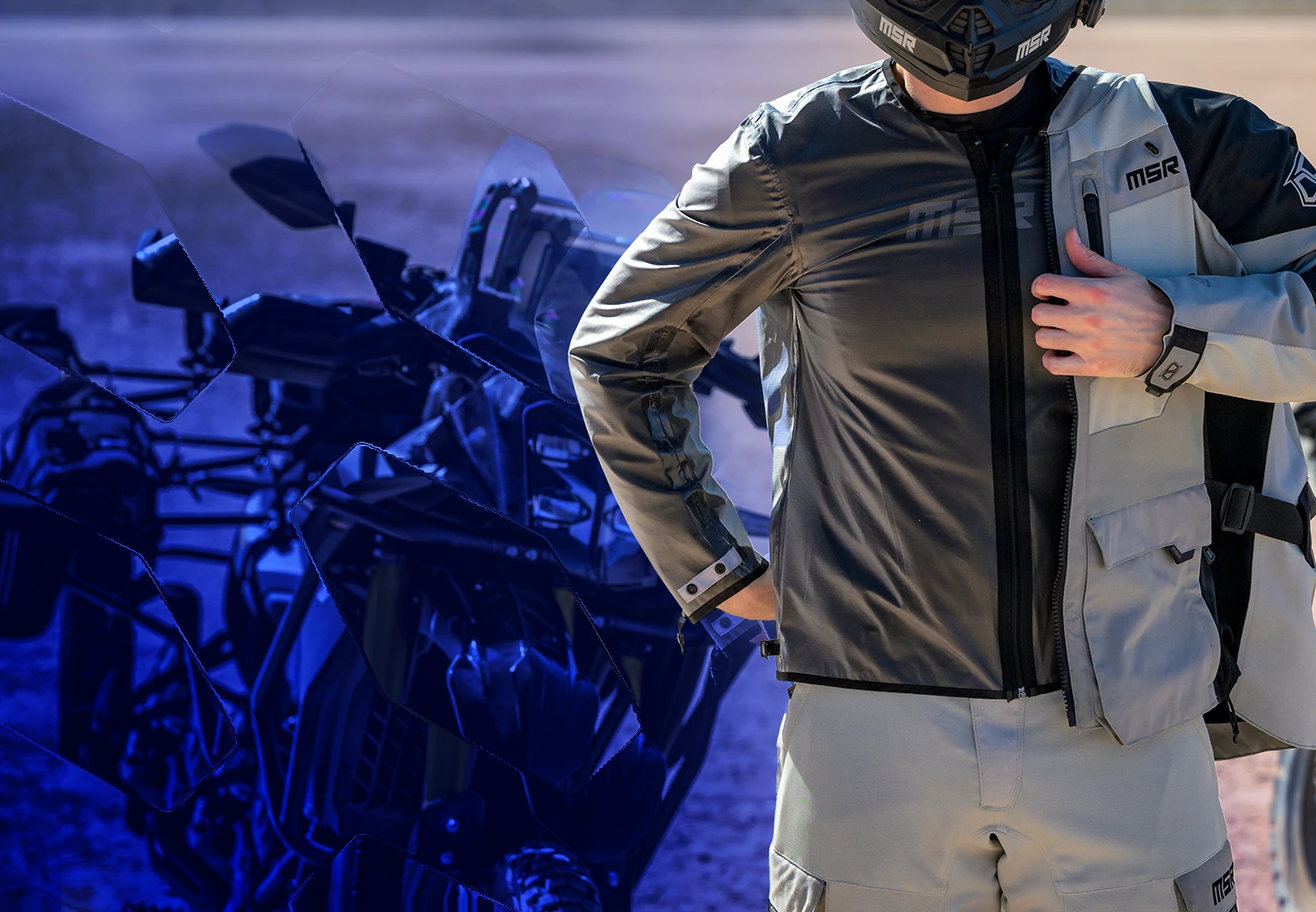 a rider with the Cryomesh jacket halfway off showing the liner underneath.