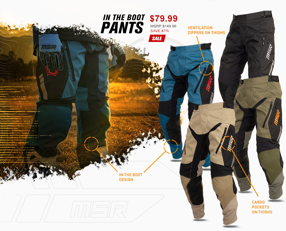 In the boot pants. $79.99 MSRP $149.99 Save 47% SALE - Ventilation zippers on thighs. In the boot design. Cargo pockets on thighs. 