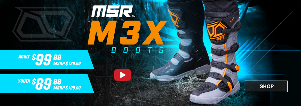 MSR M3X Boots, Video available, Adult $99 and 88 cents, MSRP $139 and 99 cents, Youth $89 and 88 cents, MSRP $129 and 99 cents, someone standing still showing the orange and grey boots, link, shop