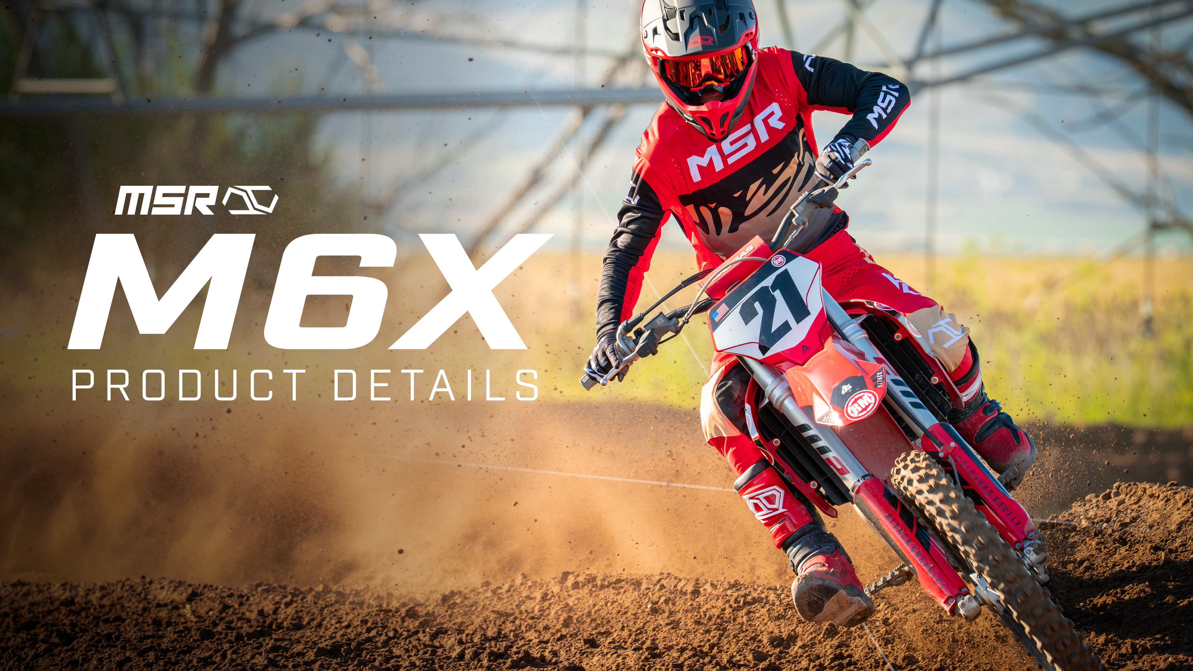 Rider turning a corner on a dirt bike, wearing the red m6x boots