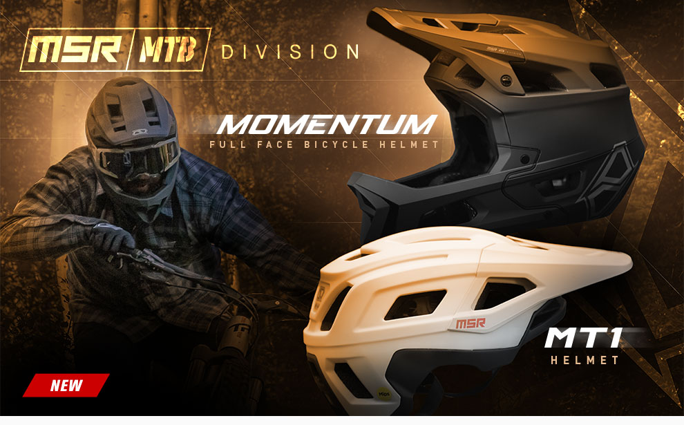 graphic, MSR MTB Division, Momentum full face bicycle helmet, MT1 helmet,new, link, momentum helmet, graphic, a mountain bike rider wearing the momentum helmet next to the momentum helmet and mt1 helmets
