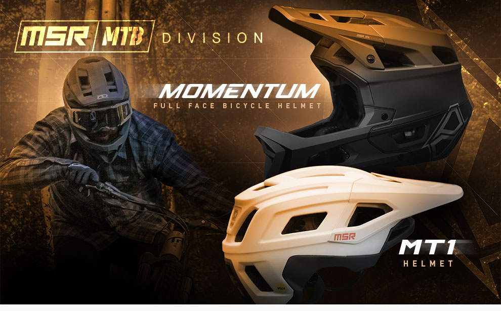 graphic, MSR MTB Division, Momentum full face bicycle helmet, MT1 helmet, link, momentum helmet, graphic, a mountain bike rider wearing the momentum helmet next to the momentum helmet and mt1 helmets