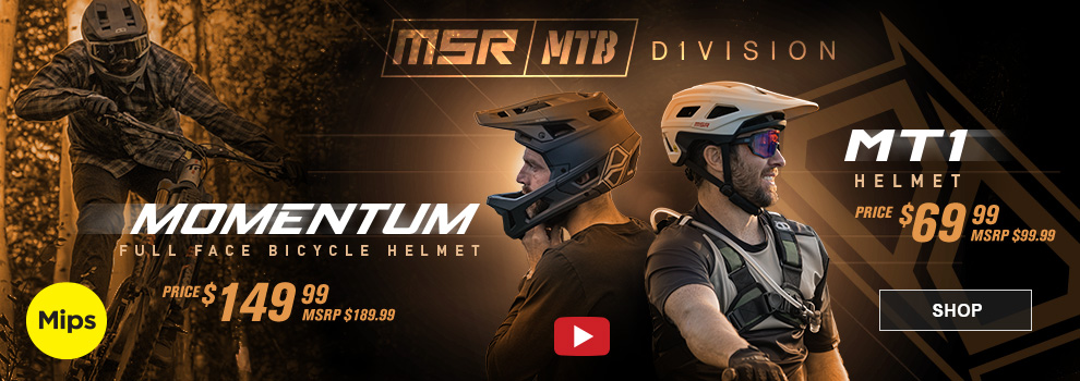 MSR MTB Division, Momentum Full Face Bicycle Helmet, Price $149 and 99 cents, MSRP $189 and 99 cents, a man wearing the black helmet, MIPS, MT1 Helmet, Price $69 and 99 cents, MSRP $99 and 99 cents, a man wearing the white helmet, Video available, link, shop