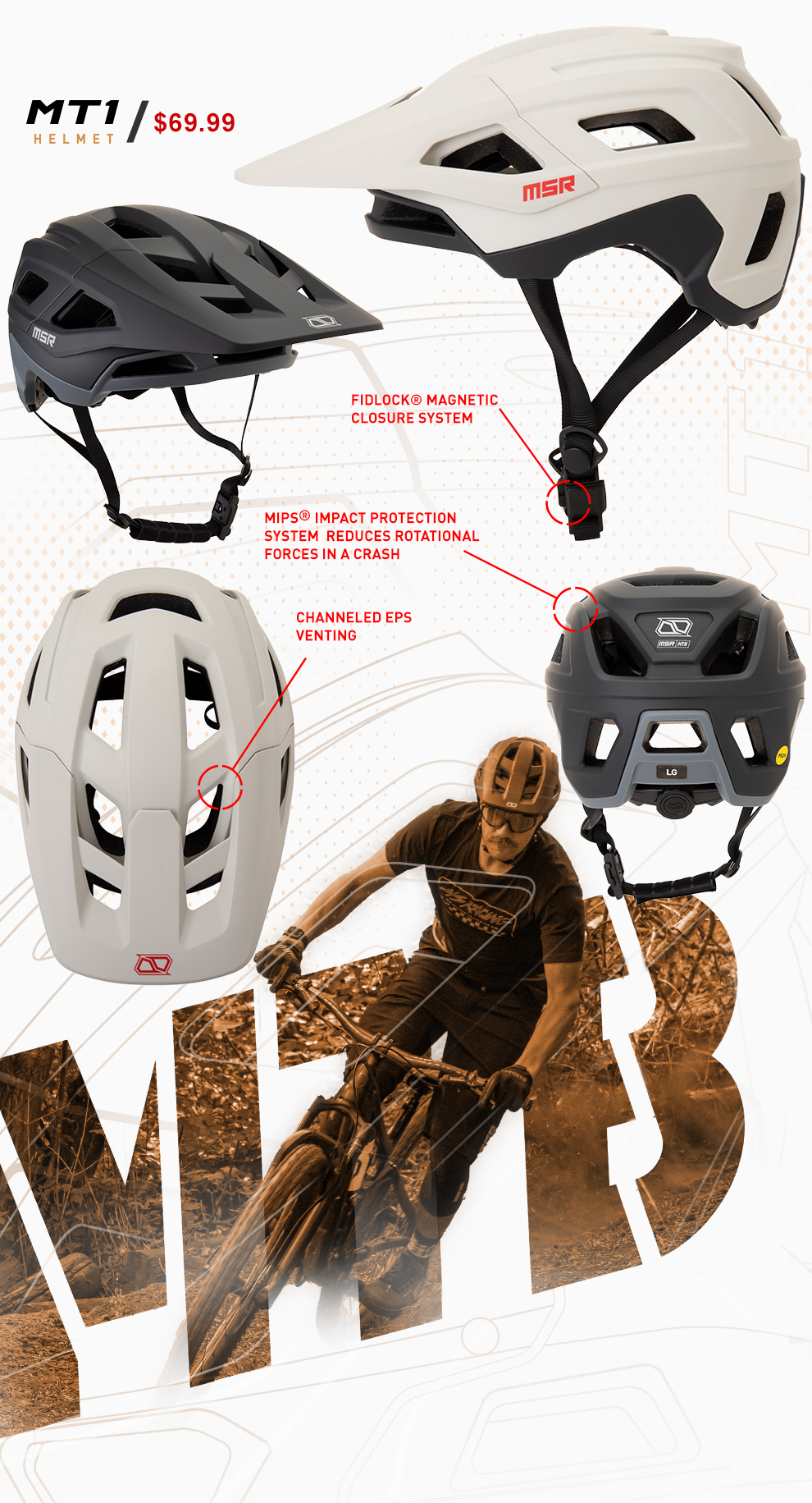 graphic, MT1 helmet, sixty nine dollars and ninety nine cents, Fidlock® magnetic closure system, MIPS logo, MIPS® impact protection system reduces rotational forces in a crash,Channeled E P S venting, graphic, the MT1 helmet shown at different angles in both the white and the smoke colorways, with callout lines going to each appropriate callout, a faded mountian bike rider coming out of the MSR MTB logo, with various distressed textures and lines,link,mt1 helmet