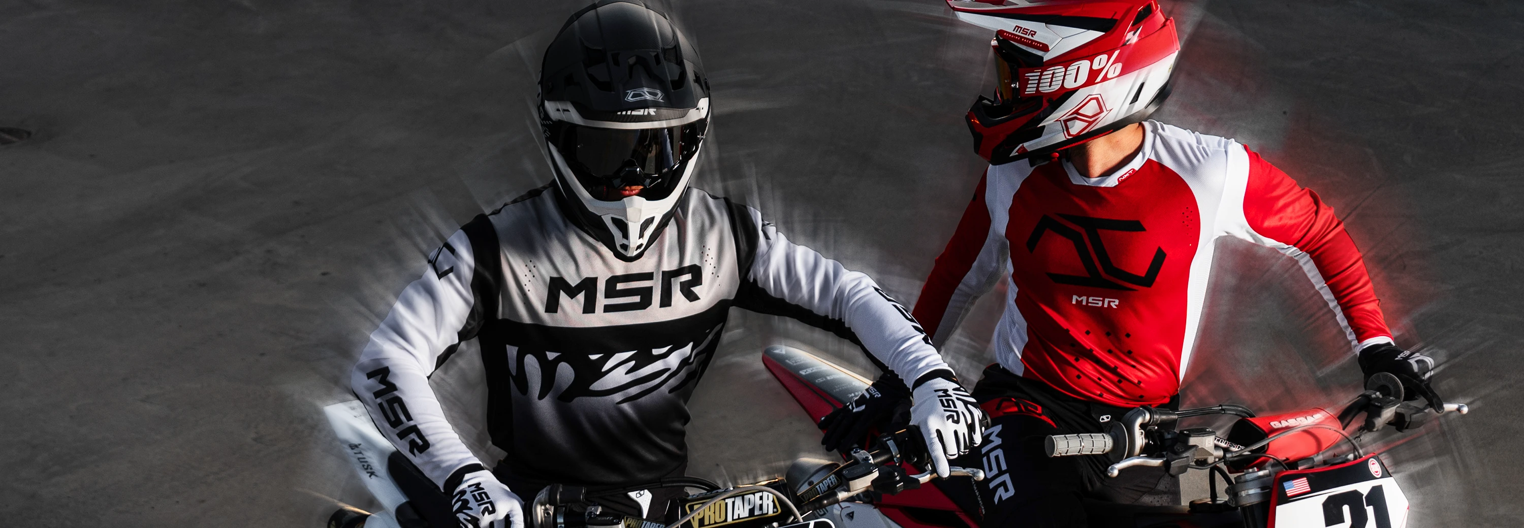 Riders wearing MSR NXT gear highlighting the Lycra collar and cuffs