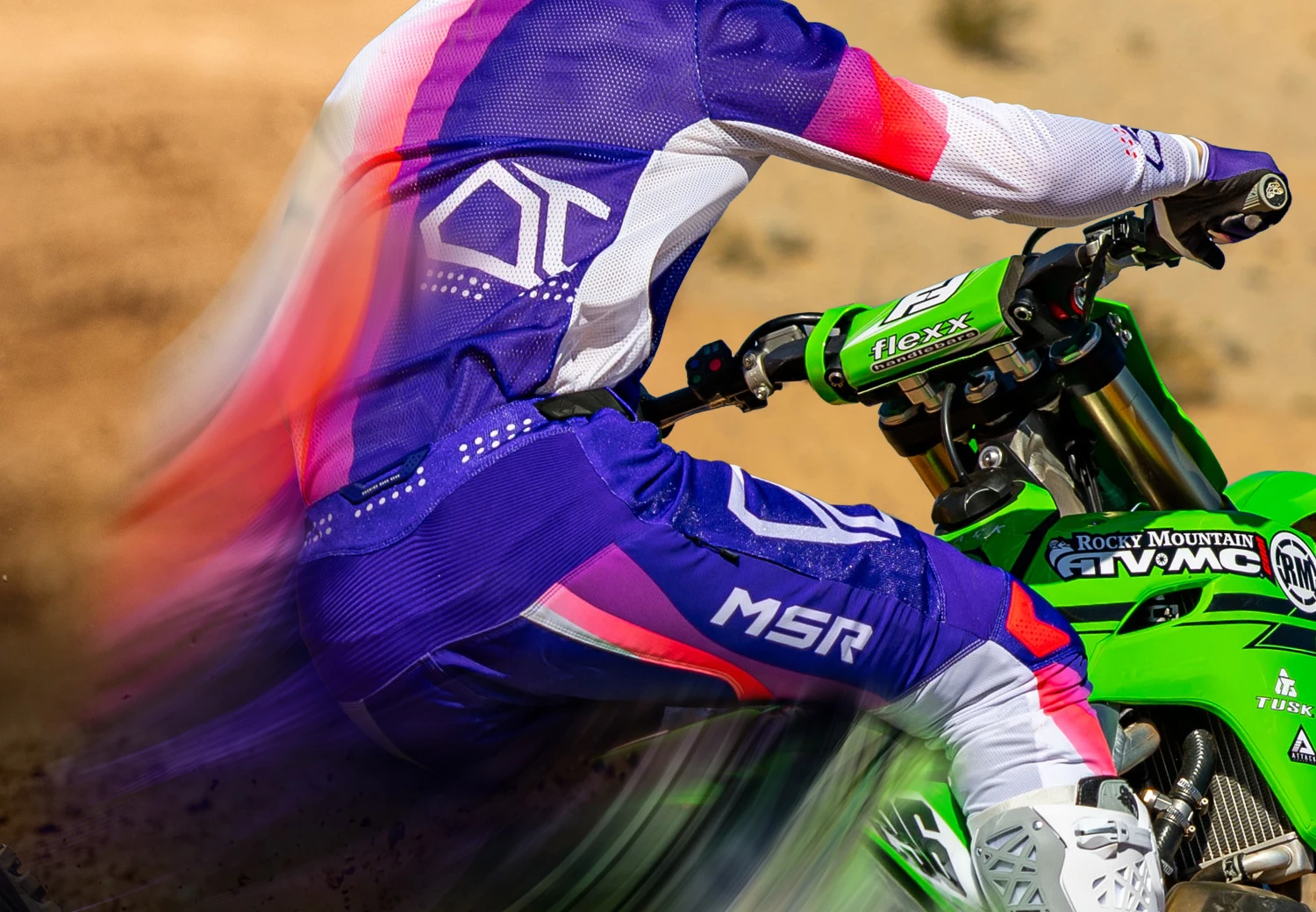 Close-up of MSR NXT Air pants showing durable materials and flexible stretch zones