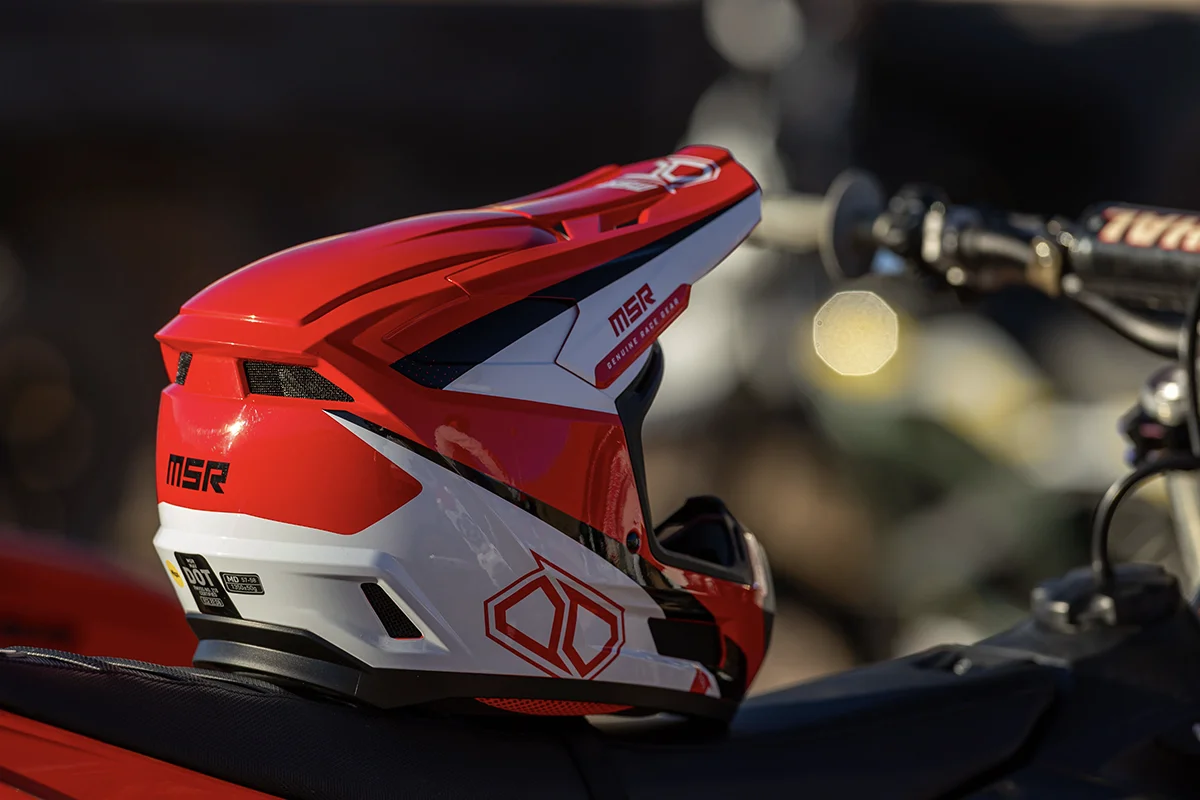An MSR Helmet on resting a dirtbike seat