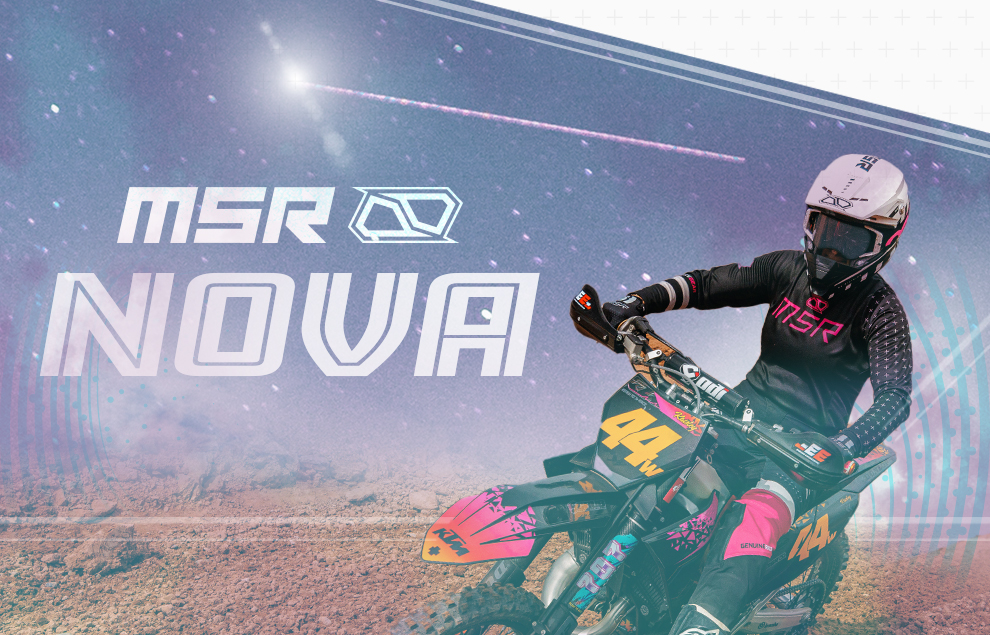 MSR Nova, rider on dirt bike with Nova gear.