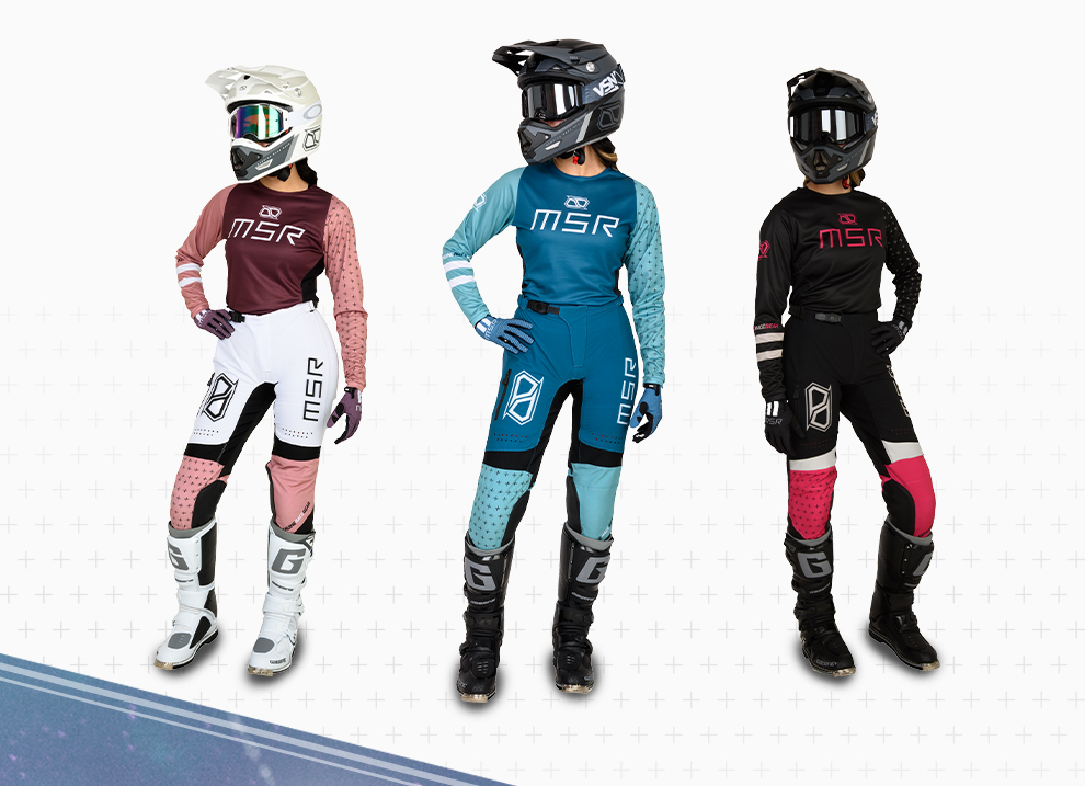 Models wearing the three colorways of the Nova gear, pink, teal, black/pink