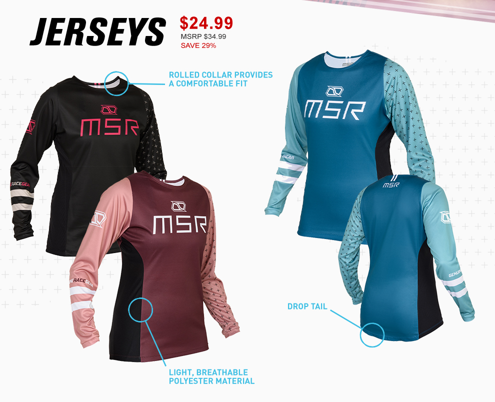 Jerseys, $24.99, MSRP $34.99, save 29%. Rolled collar provides a comfortable fit. Drop tail. Light breathable polyester material.