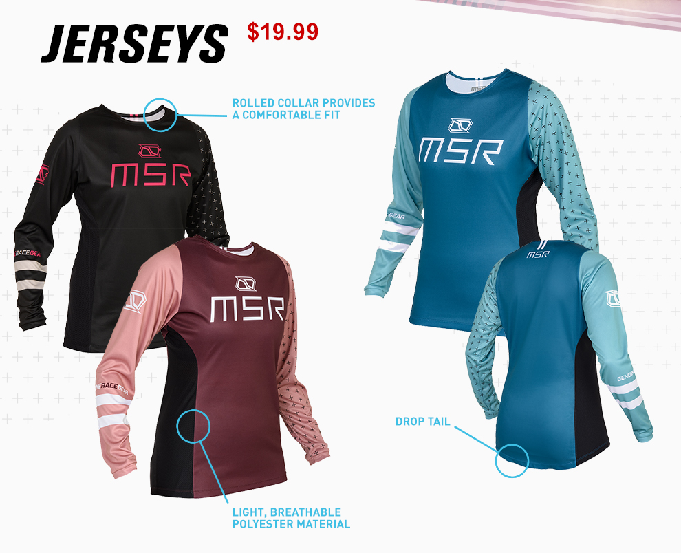 Jerseys, $24.99, MSRP $34.99, save 29%. Rolled collar provides a comfortable fit. Drop tail. Light breathable polyester material.
