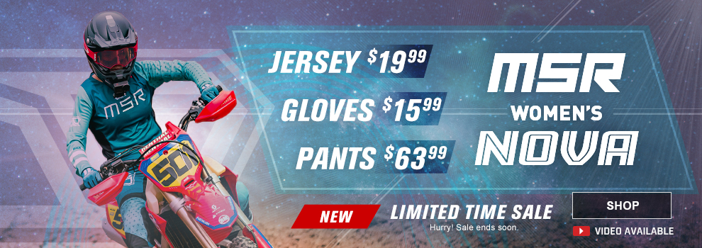 MSR Women's Nova Gear - Jersey $19.99 - Gloves $15.99 - Pants $63.99 - NEW - Limited time sale. Hurry! Sale ends soon! Video available - SHOP