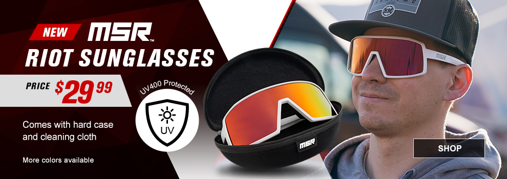 New, MSR Riot Sunglasses, Price $29 and 99 cents, UV400 Protected, Comes with hard case and cleaning cloth, more colors available, a pair of the White/Red sunglasses sitting in the case along with an image of a man wearing them, link, shop