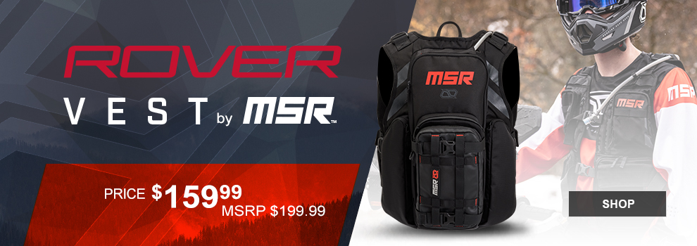 Rover Vest by MSR. Price $159 and 99 cents, MSRP $199 and 99 cents, the back of the vest along with someone sitting on a dirt bike showing the front of the vest, link, shop