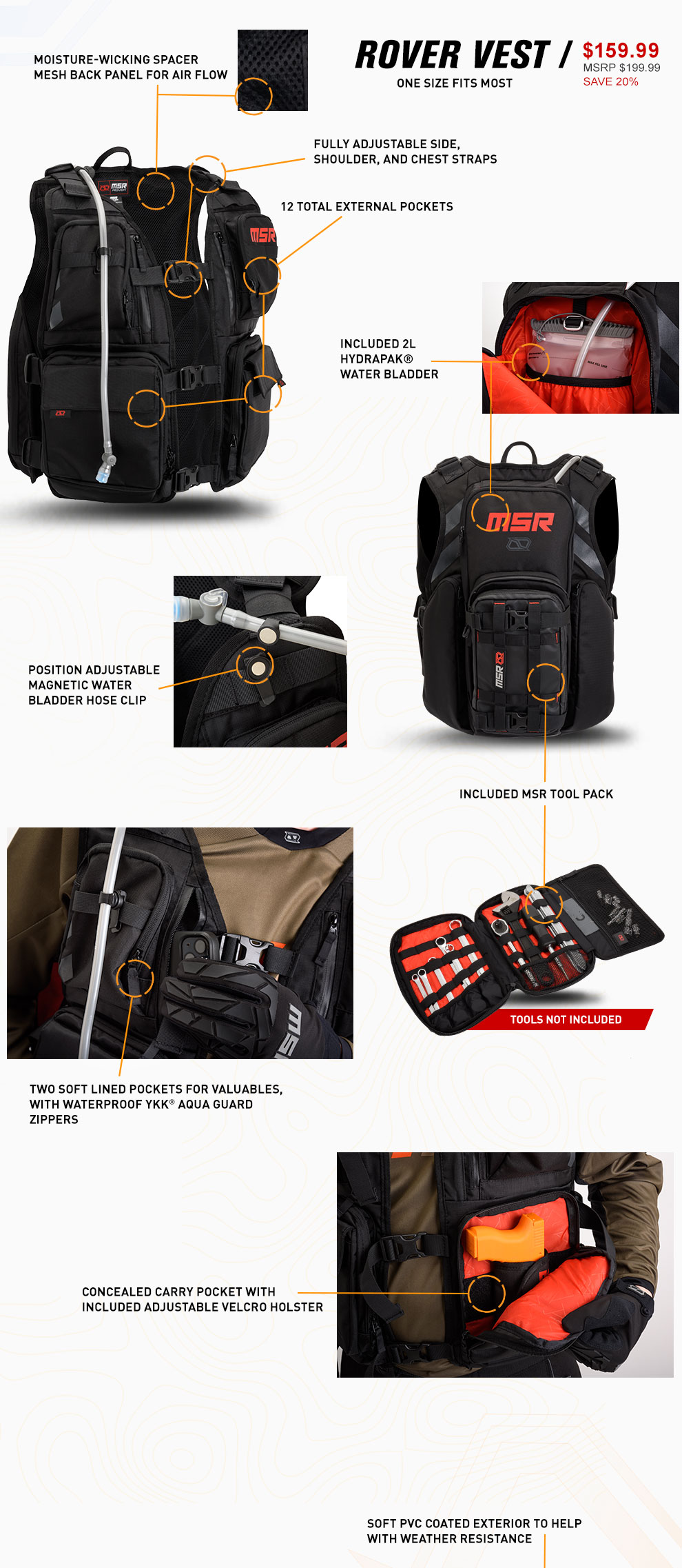 Rover Vest, $159 and 99 cents, MSRP $199 and 99 cents, Save 20 percent, a front view of the vest, back view of the vest