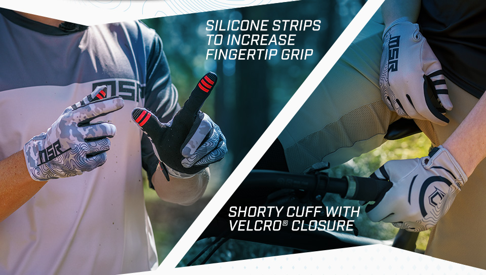 Silicone on the fingertips to increase grip. Shorty cuff with velcro closure.