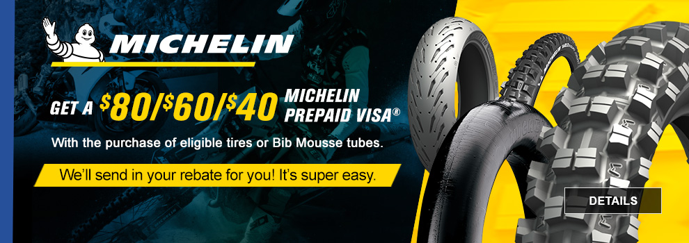 Michelin, Get a $80/$60/$40 Michelin prepaid Visa with the purchase of eligible tires or Bib Mousse tubes, We'll send in the rebate for you. It's super easy, a collage of tires, link, details