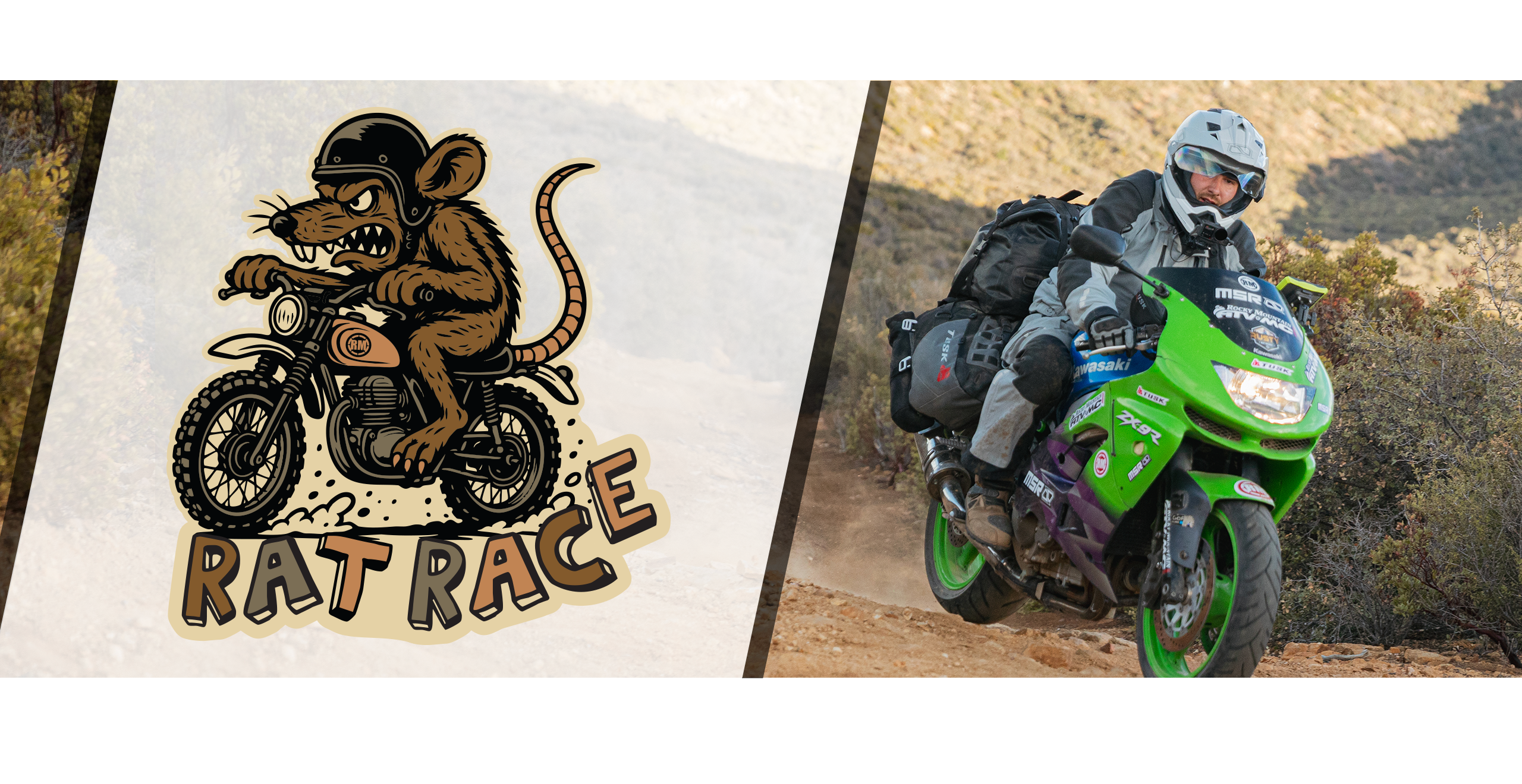 Rat Race, Charles riding a Kawasaki ZX-9 up a rocky road