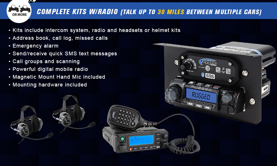Complete kits with radio. Talk up to 30 miles between multiple cars. Kits include intercom system, radio and headsets or helmet kits. Address book, call log, missed calls. Emergency alarm. Send/receive quick SMS text messages. Call groups and scanning. Powerful digital mobile radio. Magnetic mount hand mic included. Mounting hardware included. Two headsets, a radio with a handset and two mounted radios displayed.