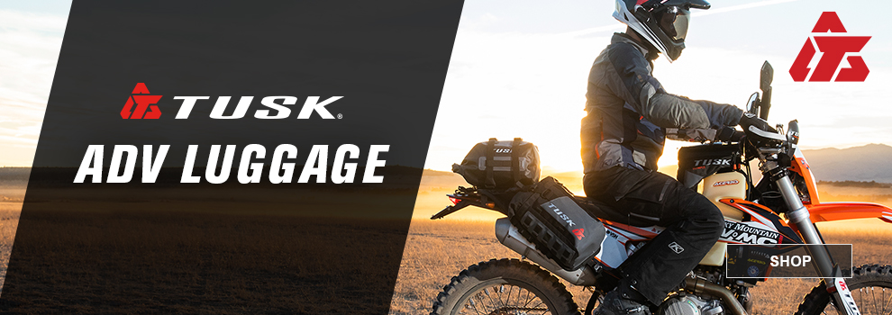 Tusk ADV Luggage, someone sitting on a KTM Dual Sport bike with the Tusk tank bag, tail bag, and pannier bags, link, shop