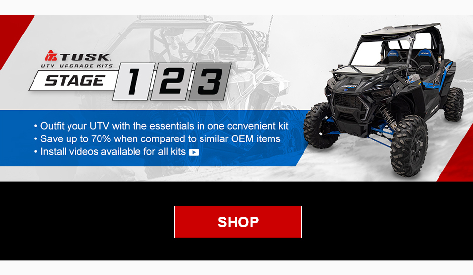 Tusk UTV Upgrade Kits logo, Stage 1, 2, 3, Outfit your UTV with the essentials in one convenient kit, save up to seventy percent when compared to similar OEM items, install videos available for all kit, image of a Polaris RZR XP 1000 with a Tusk roof, fold down windshield, rear panel, and mirrors, link, shop
