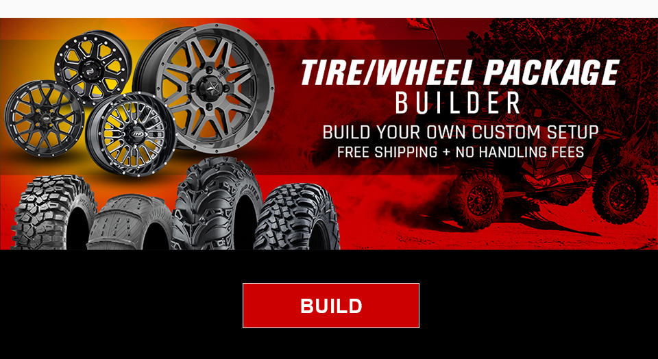 a collage of UTV tires and wheels, Tire and Wheel Package Builder, build your own custom setup, free shipping plus no handling fees, link, build