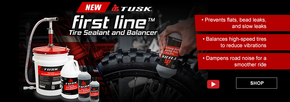 New, Tusk First Line Tire Sealant and Balancer, Prevents flats, bead leaks, and slow leaks. Balances high-speed tires to reduce vibrations. Dampens road noise for a smoother ride. video, link, shop