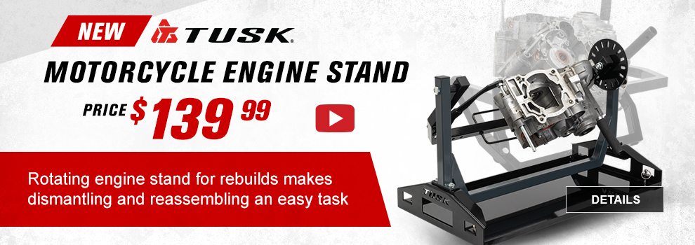 New, Tusk Motorcycle Engine Stand, Price $139 and 99 cents, Video, Rotating engine stand for rebuilds makes dismantling and reassembling and east task, the engine stand showing how it rotates with a motor installed, link, shop