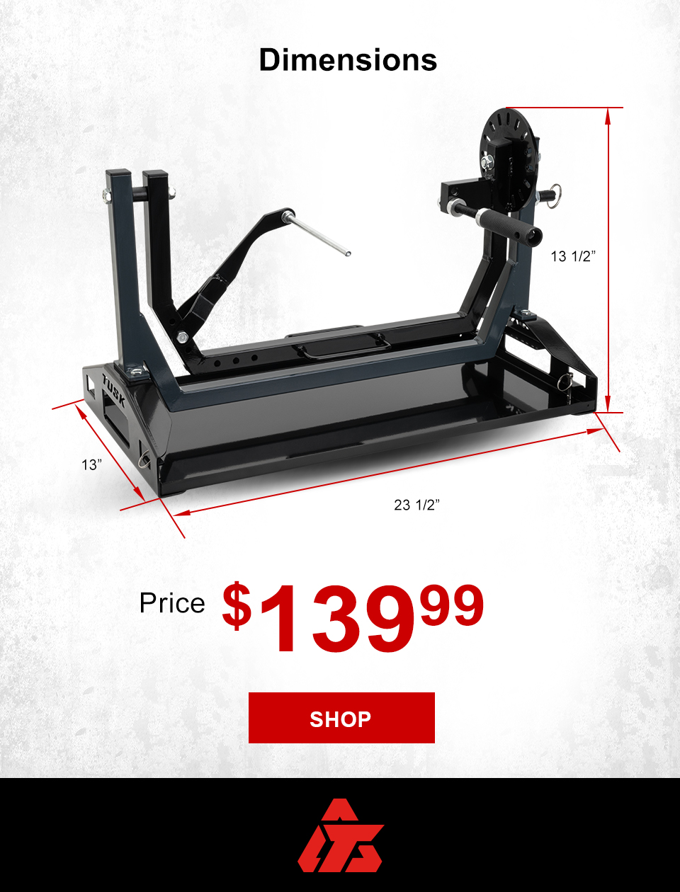 Dimensions, the engine stand, 13 inches wide by 23 and a half inches long by 13 and a half inches high, price $139 and 99 cents, link, shop