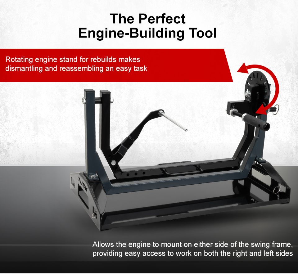 The Perfect Engine-Building Tool, Rotating engine stand for rebuilds makes dismantling and reassembling an easy task, the engine stand along with an arrow showing how it rotates, link