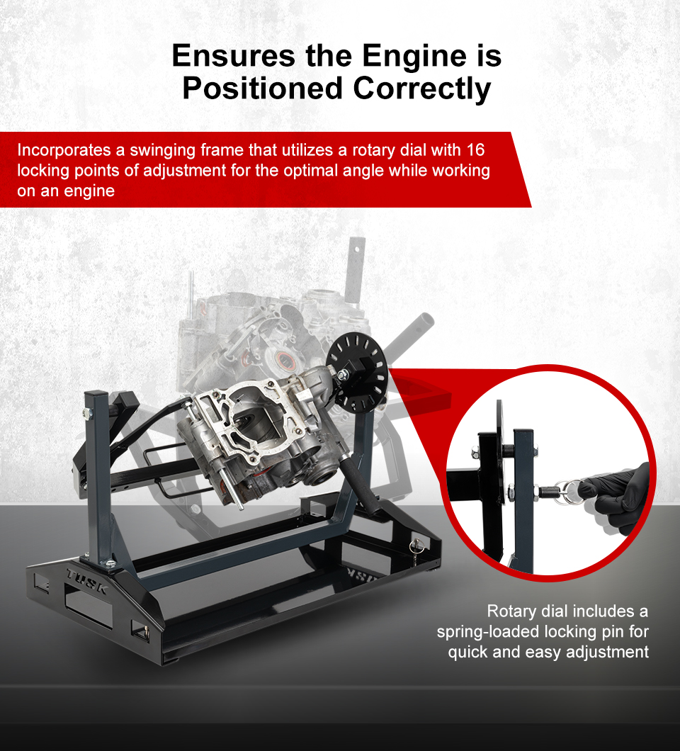 Ensures the Engine is Positioned Correctly, Incorporates a swinging frame that utilizes a rotary dial with 16 locking points of adjustment for the optimal angle while workiing on an engine, the engine stand with an engine installed to it showing how it rotates, call-out, Rotary dial includes a spring-loaded locking pun for quick and easy adjustment, a closeup image of someone pulling the pin, link