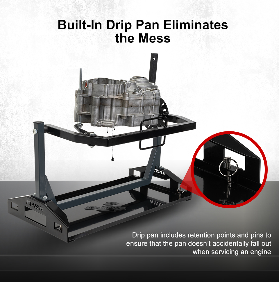 Built-In Drip Pan Eliminates the Mess, the engine stand with an engine mounted to it showing how the drip pan collects oil, a closeup image of the drip pan pin, call-out, Drip pan includes retention points and pins to ensure that the pan doesn't accidentally fall out when servicing an engine, link