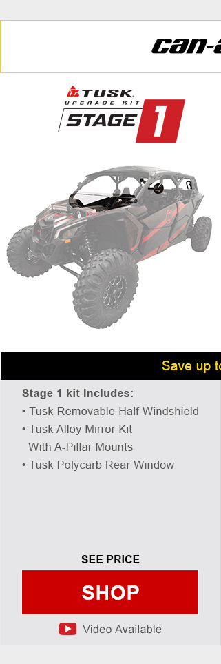 Can-am maverick X3 max. Tusk upgrade kit, stage 1. Stage 1 kit includes, tusk removable half windshield, tusk alloy mirror kit with a-pillar mounts, and tusk polycarb rear window. Graphic of UTV highlighting mentioned parts installed. See price, link, shop. Install video available.