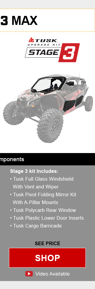 Tusk upgrade kit stage 3. Stage 3 kit includes, tusk full glass windshield with bend and wiper, tusk pivot folding mirror kit with a-pillar mounts, tusk polycarb rear window, tusk plastic lower door inserts, and tusk cargo barricade. Graphic of UTV highlighting mentioned parts installed. See price, link, shop. Install video available. Save up to 60 percent compared to buying OEM components.
