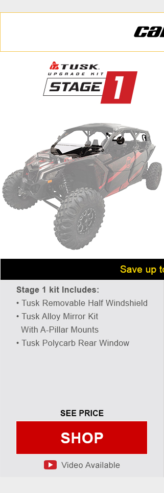 Can-am maverick X3. Tusk upgrade kit, stage 1. Stage 1 includes, tusk removable half windshield, tusk alloy mirror kit with a-pillar mounts, and tusk polycarb rear window. Graphic of UTV highlighting mentioned parts installed. See price, link, shop. Install video available. 
