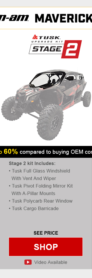 Tusk upgrade kit stage 2. Stage 2 includes, tusk glass windshield with vent and wiper, tusk pivot folding mirror kit with a-pillar mounts, tusk polycarb rear window, and tusk cargo barricade. Graphic of UTV highlighting mentioned parts installed. See price, link, shop. Install video available. 