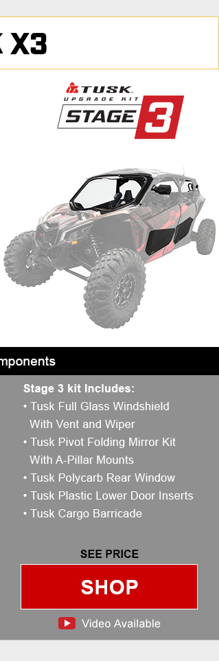 Tusk upgrade kit stage 3. Stage 3 includes, tusk full glass windshield with vent and wiper, tusk pivot folding mirror kit with a-pillar mounts, tusk polycarb rear window, tusk plastic lower door inserts, and tusk cargo barricade. Graphic of UTV highlighting mentioned parts installed. See price, link, shop. Install video available. Save up to 60 percent compared to buying OEM components. 