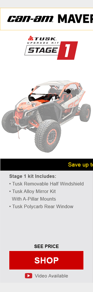 Can-am, Maverick X3, X, RC Turbo/Turbo RR. Tusk upgrade kit, stage 1. Stage 1 kit includes, tusk removable half windshield, tusk alloy mirror kit with a-pillar mounts, and tusk polycarb rear window. Graphic of UTV highlighting mentioned parts installed. See price, link, shop. Install video available.
